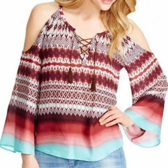 Jessica Simpson Shayna Aztec Sunburst Print Cold Shoulder Peasant Top L - Picture 11 of 11